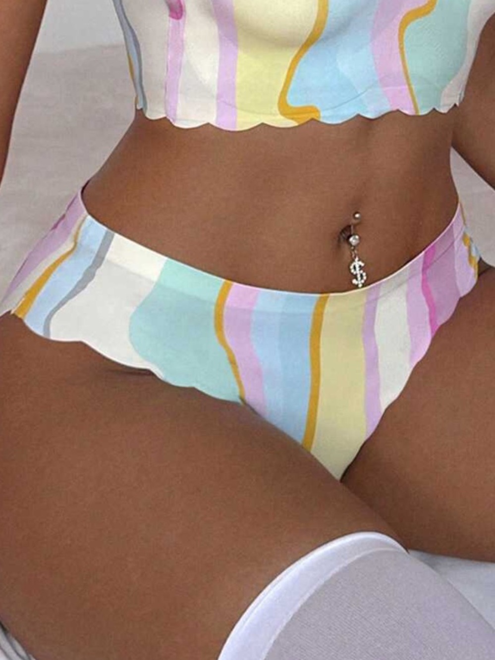 Pastel Stripe Scalloped Bikini Panty  - Multicolor